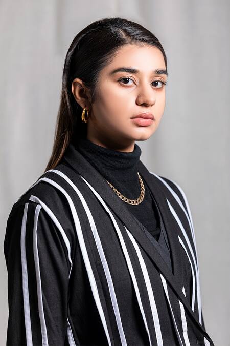 Shop_Corpora Studio_Black Cotton Shawl Lapel Striped Jacket _Online_at_Aza_Fashions
