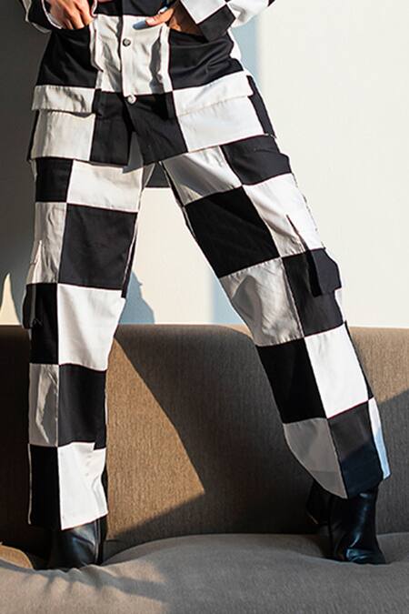 Buy_Corpora Studio_Black Cotton Satin Shirt Collar Checkered And Pant Set _Online_at_Aza_Fashions