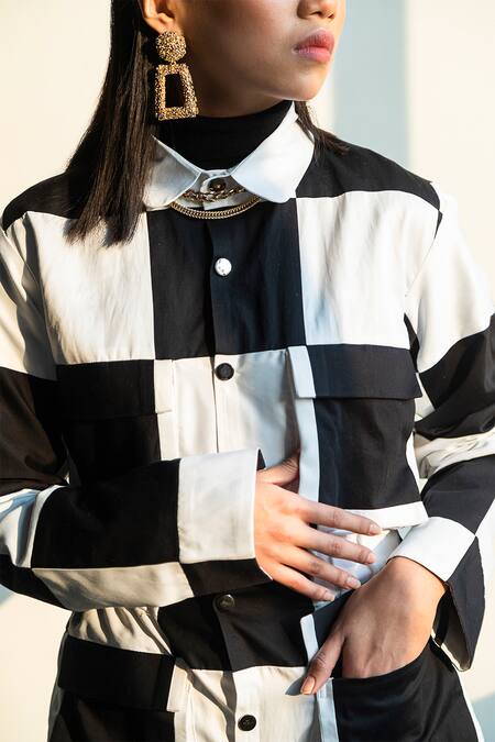 Shop_Corpora Studio_Black Cotton Satin Shirt Collar Checkered And Pant Set _Online_at_Aza_Fashions