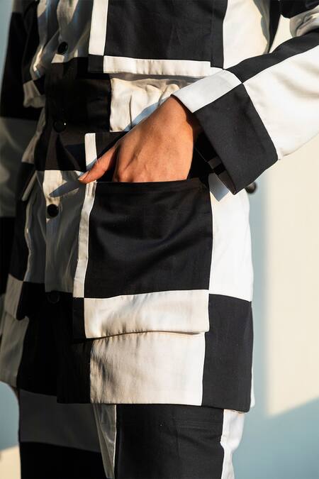 Corpora Studio_Black Cotton Satin Shirt Collar Checkered And Pant Set _at_Aza_Fashions