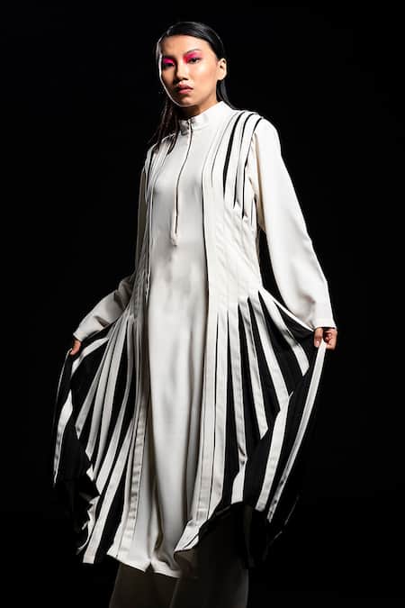 Buy_Corpora Studio_White Crepe High Neck Pleated Dress _Online_at_Aza_Fashions