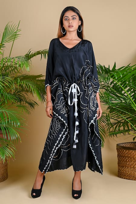 Dyelogue Black Habutai Silk Bandhani Kaftan 