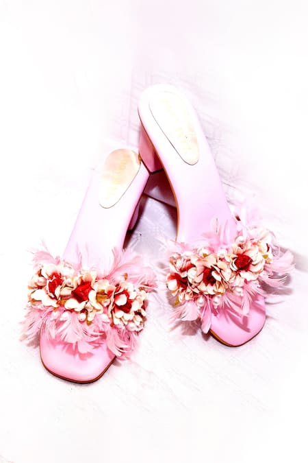 Buy_Foot Fuel_Pink Feathers Boho Embellished Block Heels _Online_at_Aza_Fashions