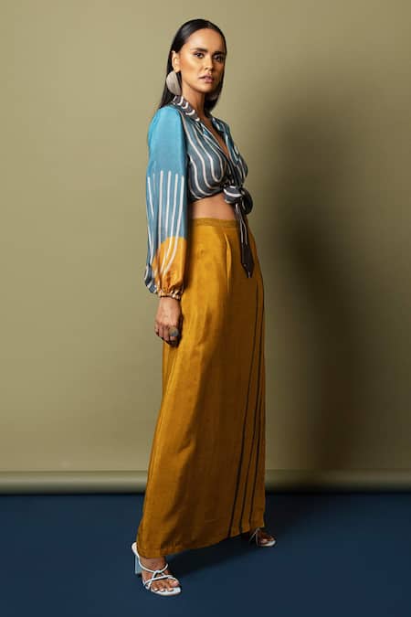Nautanky_Blue Natural Crepe Notch Collar Tie-up Crop Shirt And Skirt Set _Online_at_Aza_Fashions