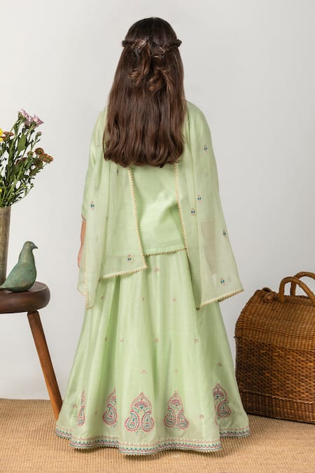 Shop BOTEH Green Cotton, Cotton, Silk, Embroidery Lehenga Set at Aza Fashions Shop_BOTEH_Green Cotton, Cotton, Silk, Embroidery Lehenga Set _at_Aza_Fashions