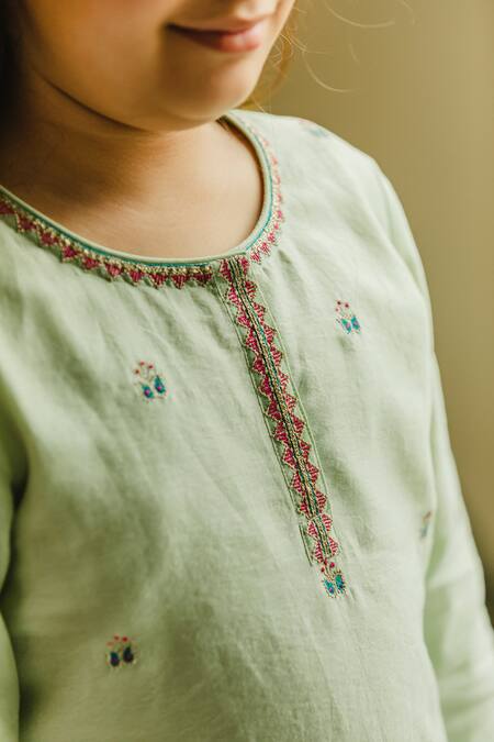 BOTEH Green Cotton, Cotton, Silk, Embroidery Lehenga Set Online at Aza Fashions BOTEH_Green Cotton, Cotton, Silk, Embroidery Lehenga Set _Online_at_Aza_Fashions