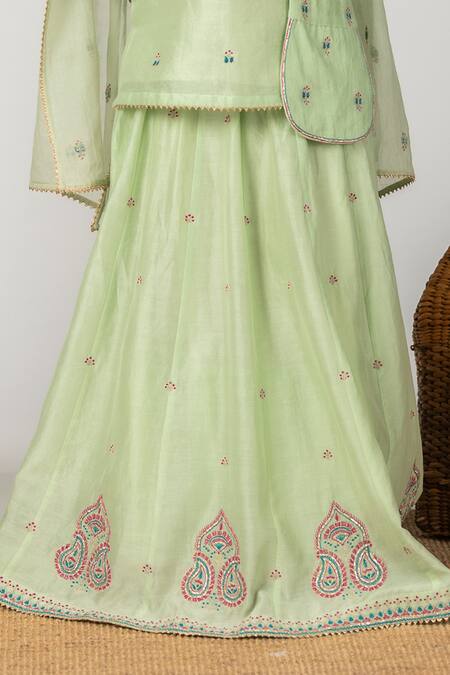 Buy BOTEH Green Cotton, Cotton, Silk, Embroidery Lehenga Set Online at Aza Fashions Buy_BOTEH_Green Cotton, Cotton, Silk, Embroidery Lehenga Set _Online_at_Aza_Fashions