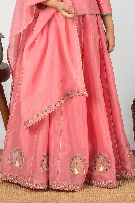Shop BOTEH Pink Chanderi Cotton, Cotton, Silk Embroidery, Cut Work, Gota Patti Lehenga Set Online at Aza Fashions Shop_BOTEH_Pink Chanderi Cotton, Cotton, Silk Embroidery, Cut Work, Gota Patti Lehenga Set _Online_at_Aza_Fashions