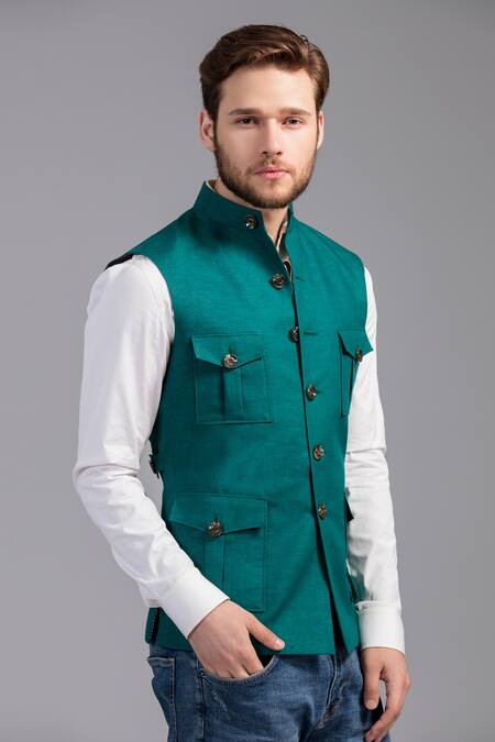 Solid Color Cotton Linen Nehru Jacket in Light Grey : MSY67