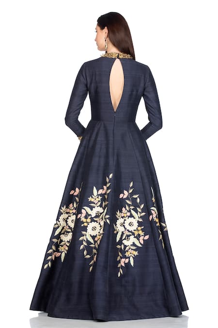 Shop Salt And Spring Blue Raw Silk Floral Motifs Round Embroidered Anarkali With Dupatta at Aza Fashions Shop_Salt And Spring_Blue Raw Silk Floral Motifs Round Embroidered Anarkali With Dupatta _at_Aza_Fashions