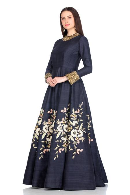 Salt And Spring Blue Raw Silk Floral Motifs Round Embroidered Anarkali With Dupatta Online at Aza Fashions Salt And Spring_Blue Raw Silk Floral Motifs Round Embroidered Anarkali With Dupatta _Online_at_Aza_Fashions