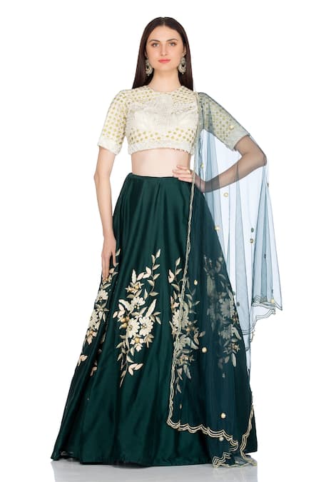 Salt And Spring Green Chanderi Floral Motifs Round Embroidered Lehenga Set 