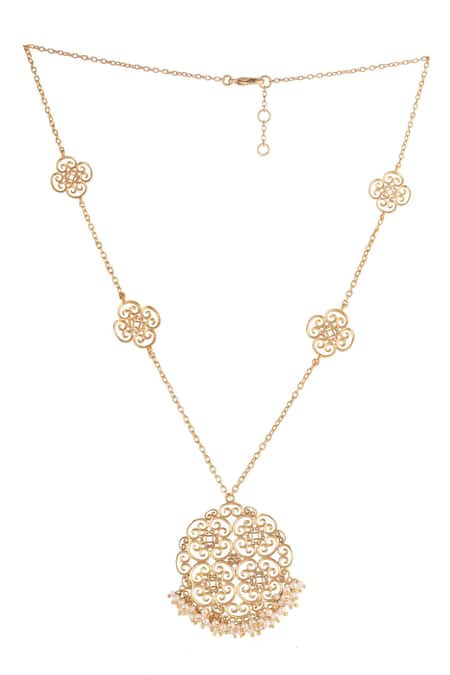 ZARIIN Gold Plated Pearl Cutwork Jewellery Set Gift Box Online at Aza Fashions ZARIIN_Gold Plated Pearl Cutwork Jewellery Set Gift Box_Online_at_Aza_Fashions