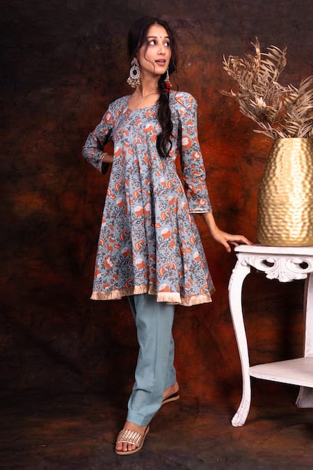Tashee Blue Cotton Round Printed Peplum Kurta And Pant Set  