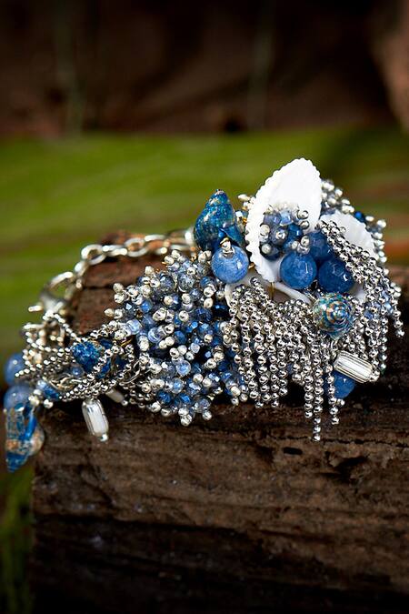 House Of D"Oro_Blue Beads And Shells Ferns Cluster Bracelet_Online_at_Aza_Fashions