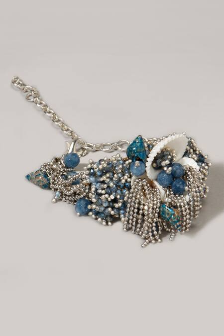 Buy_House Of D"Oro_Blue Beads And Shells Ferns Cluster Bracelet_Online_at_Aza_Fashions