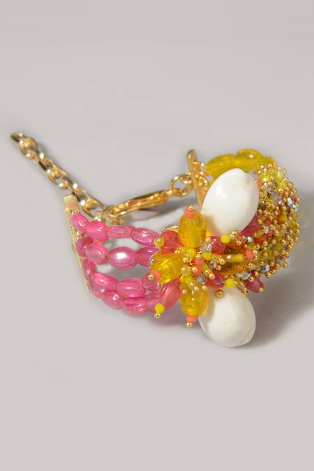Buy_House Of D"Oro_Yellow Beads And Shells Kahili Cluster Bracelet_Online_at_Aza_Fashions