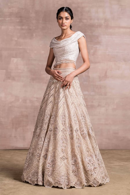 Tarun Tahiliani_White Georgette Embroidery Boat Draped Blouse And Lehenga Set_Online_at_Aza_Fashions
