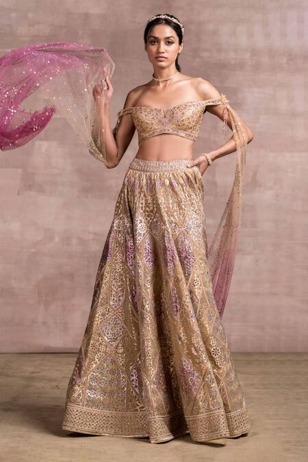Tarun Tahiliani_Beige Draped Blouse And Lehenga Set_Online_at_Aza_Fashions