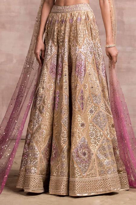 Buy_Tarun Tahiliani_Beige Draped Blouse And Lehenga Set_Online_at_Aza_Fashions