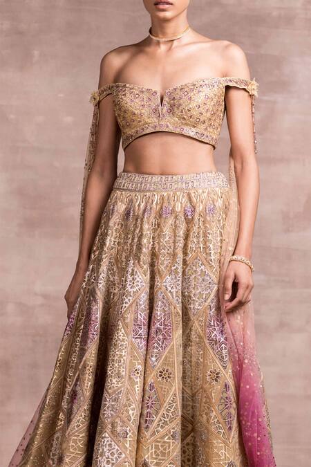 Shop_Tarun Tahiliani_Beige Draped Blouse And Lehenga Set_Online_at_Aza_Fashions