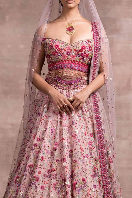 Shop_Tarun Tahiliani_Pink Lehenga And Blouse Shimmer Georgette Veil Floral Embroidered Bridal Set_Online_at_Aza_Fashions