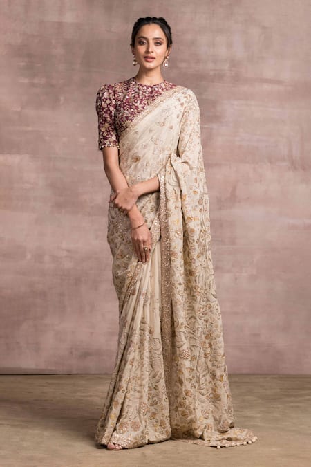 Beige Embroidered Saree and Maroon Blouse Set