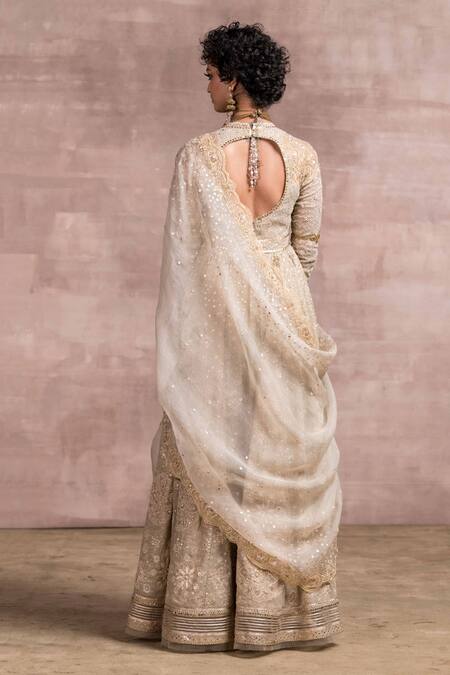 Shop_Tarun Tahiliani_Beige Anarkali Embroidery V Neck Chikankari Set_at_Aza_Fashions