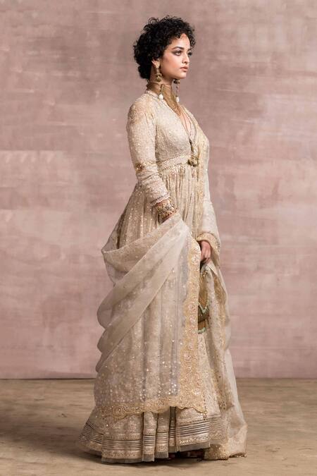 Tarun Tahiliani_Beige Anarkali Embroidery V Neck Chikankari Set_Online_at_Aza_Fashions