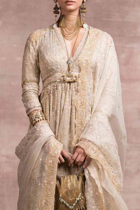 Buy_Tarun Tahiliani_Beige Anarkali Embroidery V Neck Chikankari Set_Online_at_Aza_Fashions