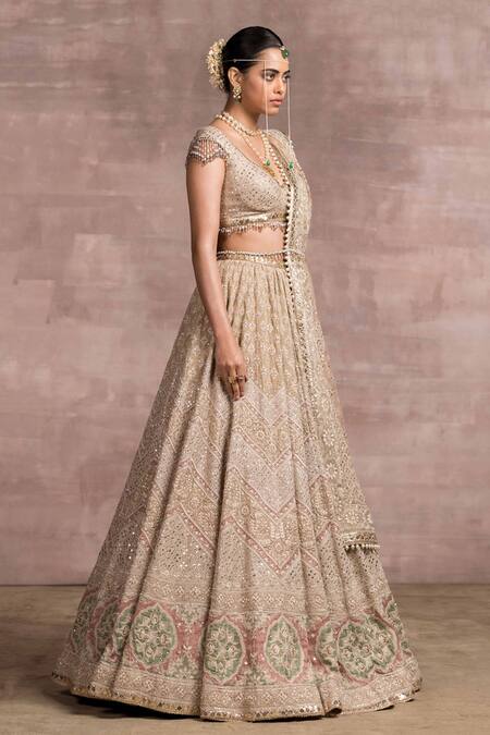 Tarun Tahiliani_Beige Silk Tissue V Neck Chikankari Bridal Lehenga Set_Online_at_Aza_Fashions