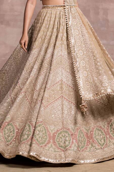 Buy_Tarun Tahiliani_Beige Silk Tissue V Neck Chikankari Bridal Lehenga Set_Online_at_Aza_Fashions