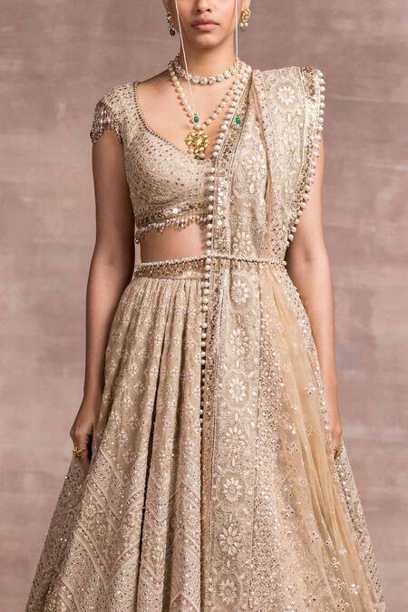 Shop_Tarun Tahiliani_Beige Silk Tissue V Neck Chikankari Bridal Lehenga Set_Online_at_Aza_Fashions