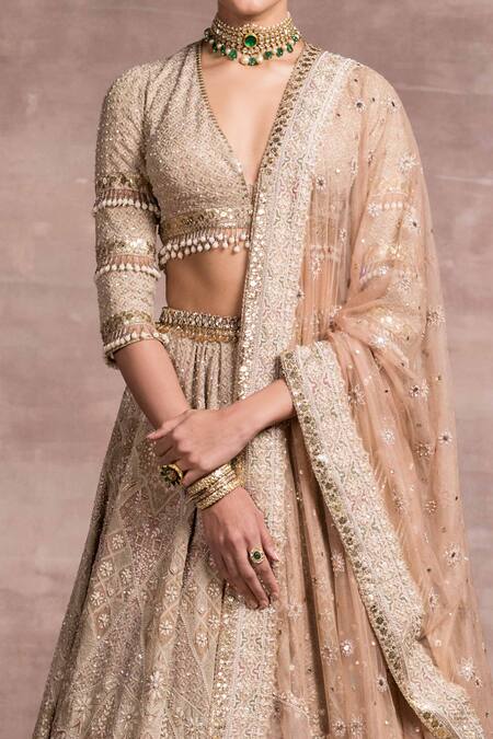 Shop_Tarun Tahiliani_Beige Silk Tissue V Neck Chikankari Bridal Lehenga Set_Online_at_Aza_Fashions