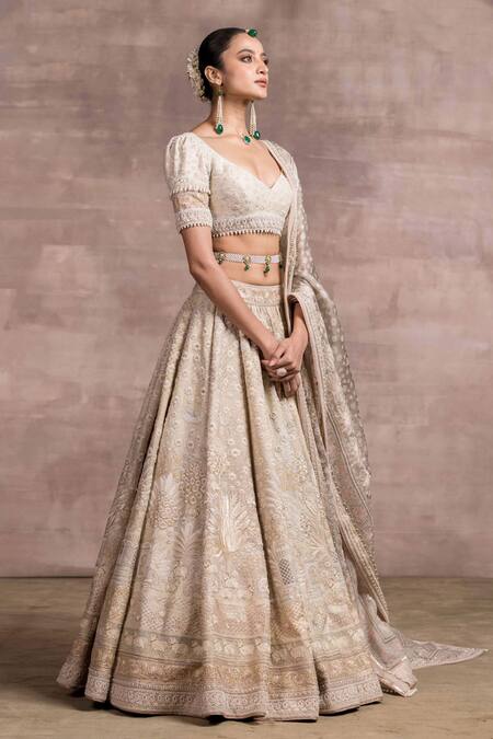 Tarun Tahiliani_Beige Lehenga And Blouse Silk Dupion Dupatta Tulle V Embroidered Bridal Set_Online_at_Aza_Fashions