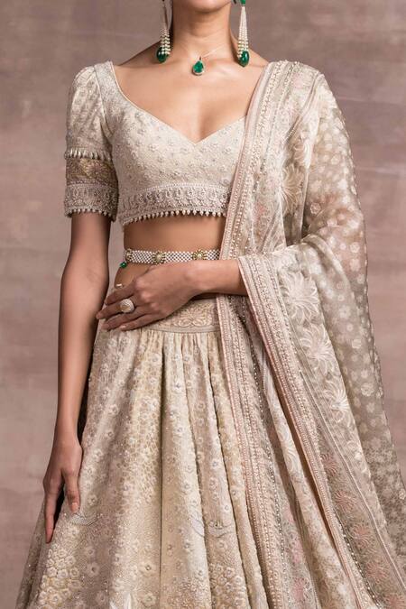 Shop_Tarun Tahiliani_Beige Lehenga And Blouse Silk Dupion Dupatta Tulle V Embroidered Bridal Set_Online_at_Aza_Fashions