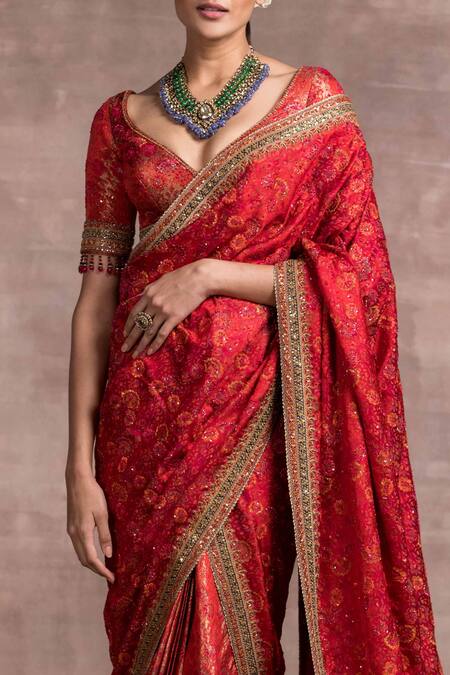 Buy Tarun Tahiliani Red Drape Tanchoi, Skirt And Blouse Brocade V Neck Lehenga Saree Set Online at Aza Fashions Buy_Tarun Tahiliani_Red Drape Tanchoi, Skirt And Blouse Brocade V Neck Lehenga Saree Set_Online_at_Aza_Fashions