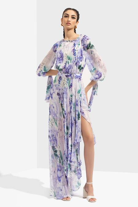 Buy Mandira Wirk Resort Purple Chiffon Round Floral Print Dress Online at Aza Fashions Buy_Mandira Wirk Resort_Purple Chiffon Round Floral Print Dress _Online_at_Aza_Fashions