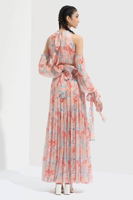 Shop Mandira Wirk Resort Peach Chiffon Round Printed Cold Shoulder Dress at Aza Fashions Shop_Mandira Wirk Resort_Peach Chiffon Round Printed Cold Shoulder Dress _at_Aza_Fashions
