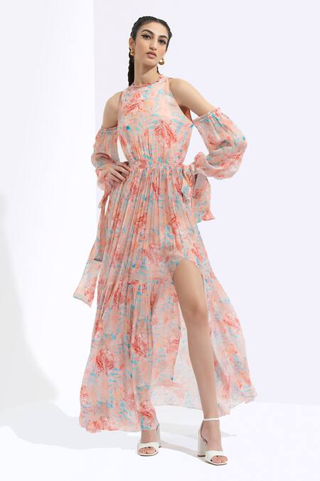 Mandira Wirk Resort Peach Chiffon Round Printed Cold Shoulder Dress Online at Aza Fashions Mandira Wirk Resort_Peach Chiffon Round Printed Cold Shoulder Dress _Online_at_Aza_Fashions