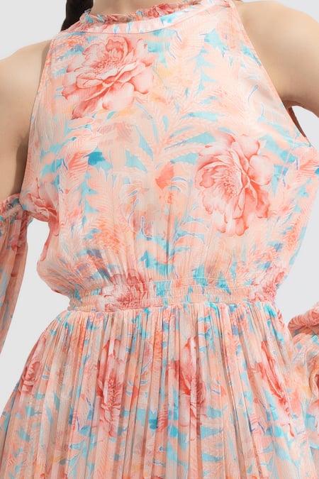 Buy Mandira Wirk Resort Peach Chiffon Round Printed Cold Shoulder Dress Online at Aza Fashions Buy_Mandira Wirk Resort_Peach Chiffon Round Printed Cold Shoulder Dress _Online_at_Aza_Fashions