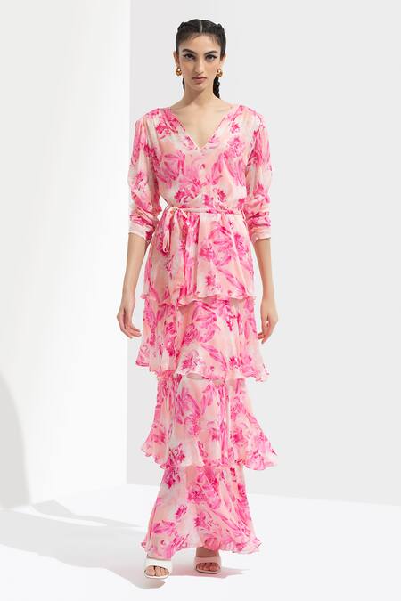 Mandira Wirk Resort_Pink Chiffon V Neck Floral Print Layered Dress _Online_at_Aza_Fashions
