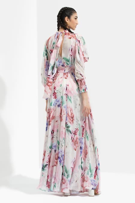 Shop Mandira Wirk Resort Multi Color Chiffon Round Floral Print Dress at Aza Fashions Shop_Mandira Wirk Resort_Multi Color Chiffon Round Floral Print Dress _at_Aza_Fashions