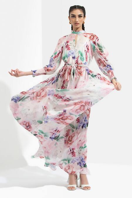 Mandira Wirk Resort Multi Color Chiffon Round Floral Print Dress Online at Aza Fashions Mandira Wirk Resort_Multi Color Chiffon Round Floral Print Dress _Online_at_Aza_Fashions