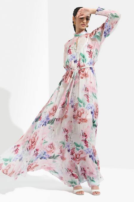 Buy Mandira Wirk Resort Multi Color Chiffon Round Floral Print Dress Online at Aza Fashions Buy_Mandira Wirk Resort_Multi Color Chiffon Round Floral Print Dress _Online_at_Aza_Fashions