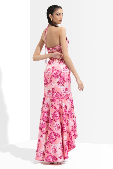 Shop Mandira Wirk Resort Pink Satin Halter Printed Dress at Aza Fashions Shop_Mandira Wirk Resort_Pink Satin Halter Printed Dress _at_Aza_Fashions
