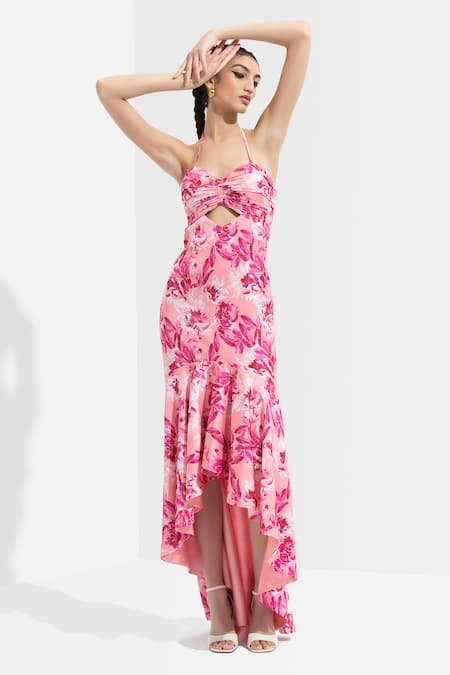 Mandira Wirk Resort Pink Satin Halter Printed Dress Online at Aza Fashions Mandira Wirk Resort_Pink Satin Halter Printed Dress _Online_at_Aza_Fashions