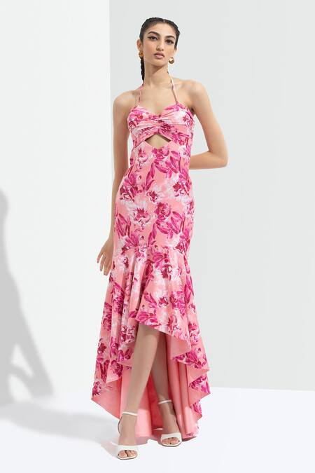 Buy Mandira Wirk Resort Pink Satin Halter Printed Dress Online at Aza Fashions Buy_Mandira Wirk Resort_Pink Satin Halter Printed Dress _Online_at_Aza_Fashions