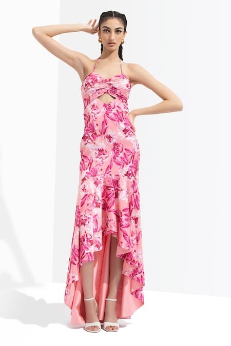Shop Mandira Wirk Resort Pink Satin Halter Printed Dress Online at Aza Fashions Shop_Mandira Wirk Resort_Pink Satin Halter Printed Dress _Online_at_Aza_Fashions