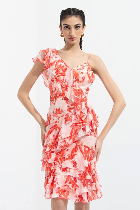 Mandira Wirk Resort Peach Chiffon V Neck Printed Ruffle Dress Online at Aza Fashions Mandira Wirk Resort_Peach Chiffon V Neck Printed Ruffle Dress _Online_at_Aza_Fashions
